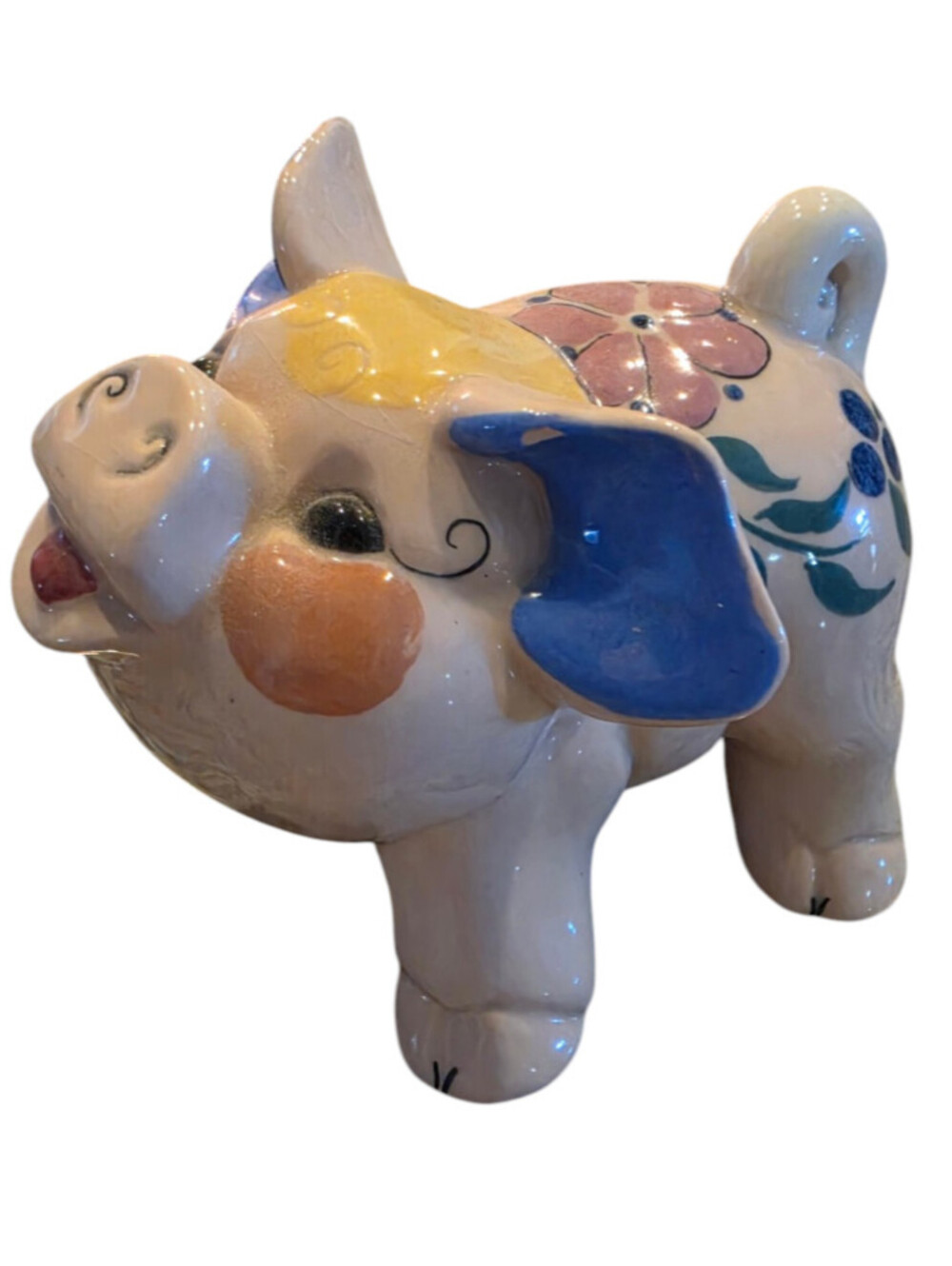 Vintage Mid-Century Kay Finch Art Pottery Large Smiley Pig 4.5"
